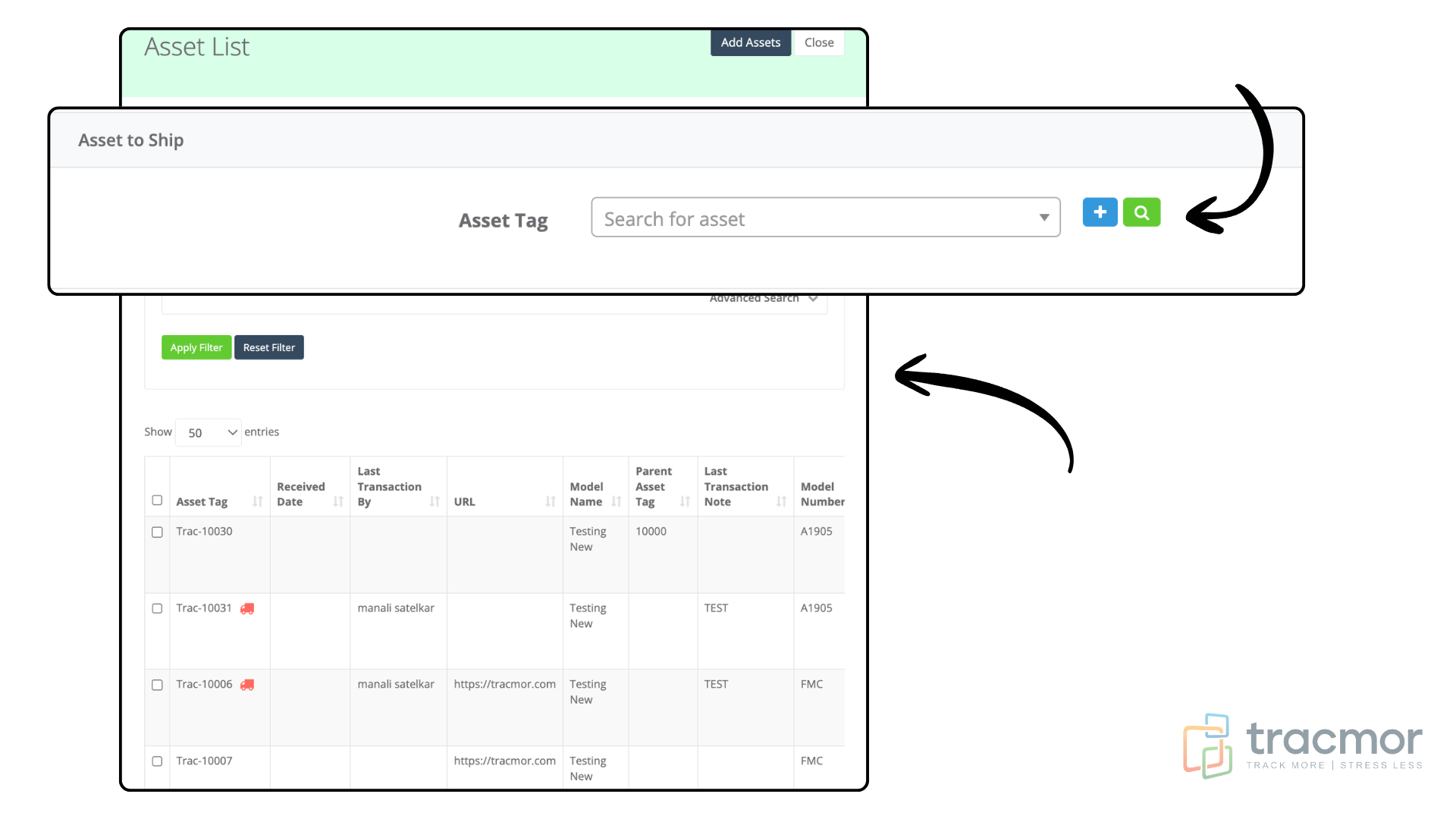 Asset Search popup